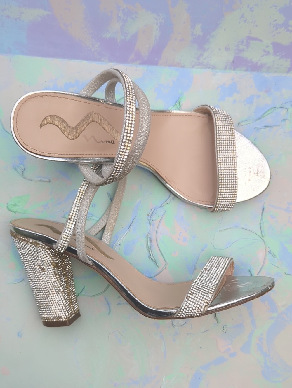 Embellished Nina Silver Block Heel Slides
